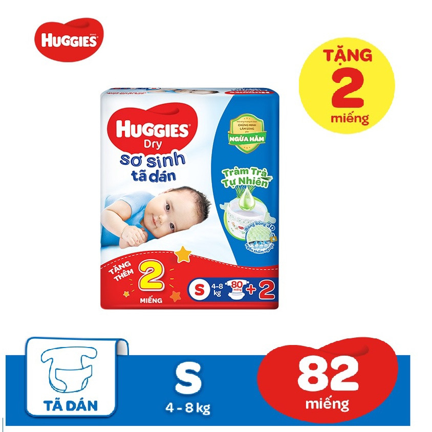 Bĩm dán Huggies sơ sinh cho bé 4-8kg tặng kèm thêm miếng,tã dán huggies s60miếng , s82 miếng mẫu tràm trà