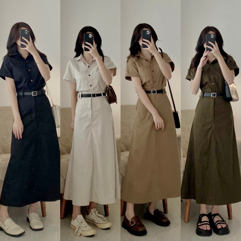 Set áo sơ mi cộc tay kèm chân váy dáng bút chì tặng thắt lưng