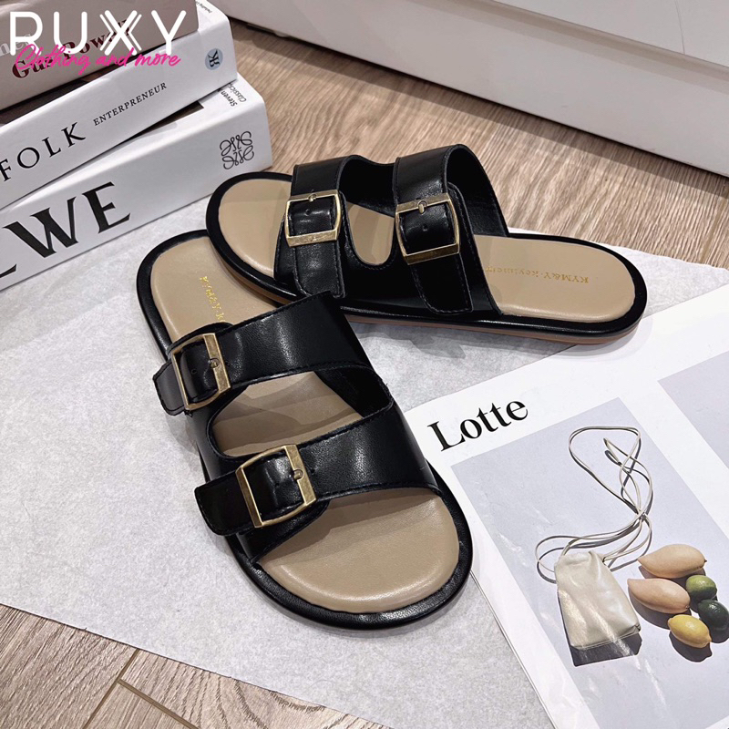 Dép Lê Nữ Da 2 Quai Đai Sắt Đế Cao Su Ruxy Đen_Trắng  G6626