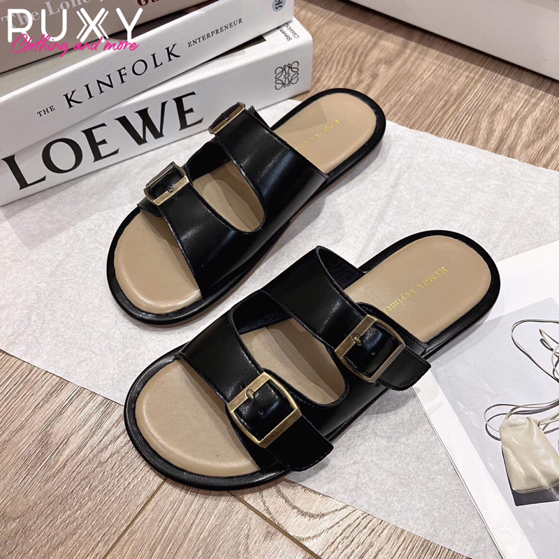 Dép Lê Nữ Da 2 Quai Đai Sắt Đế Cao Su Ruxy Đen_Trắng  G6626
