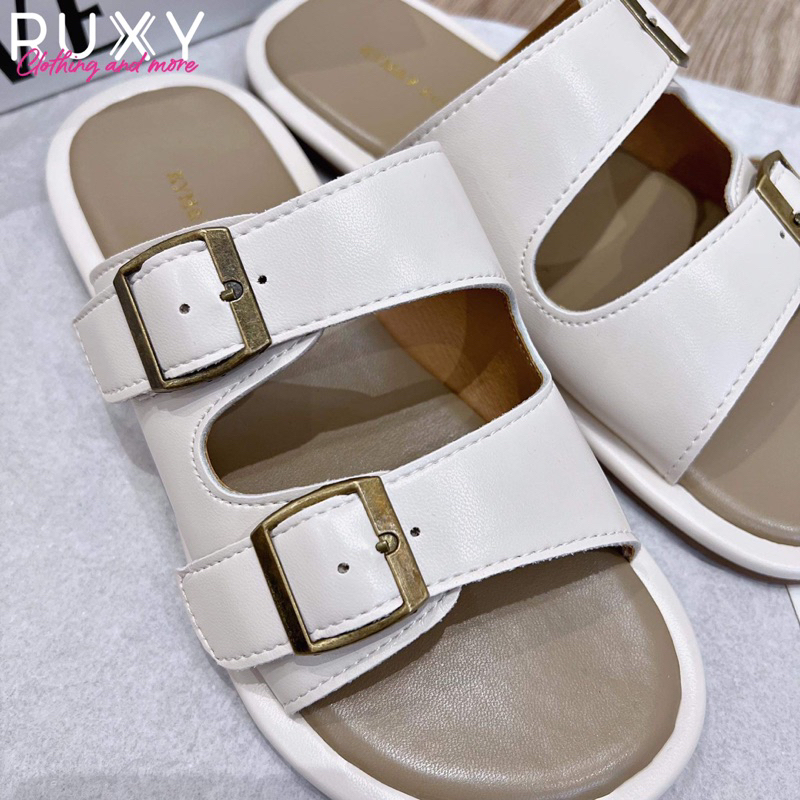 Dép Lê Nữ Da 2 Quai Đai Sắt Đế Cao Su Ruxy Đen_Trắng  G6626