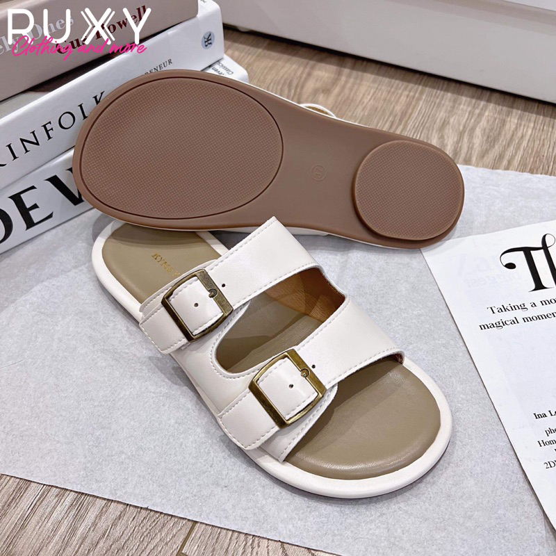 Dép Lê Nữ Da 2 Quai Đai Sắt Đế Cao Su Ruxy Đen_Trắng  G6626