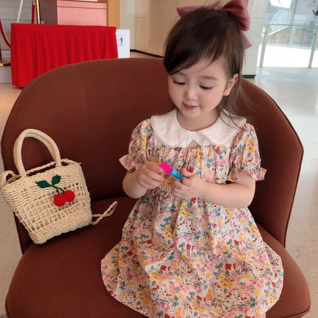 Đầm váy hoa nhí tiểu thư phối cổ sen V12 có khóa lưng cho bé gái từ 8-20kg