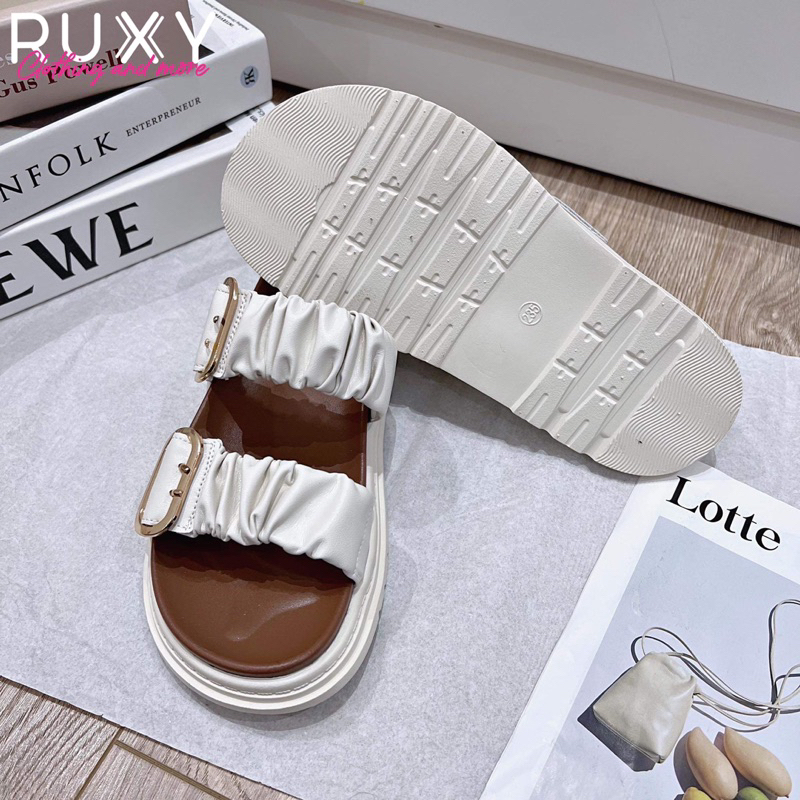 Dép Nữ Da 2 Quai Dúm Đai Cài Sắt Đế Cao Su 3cm Ruxy Đen_Trắng  G61109-7