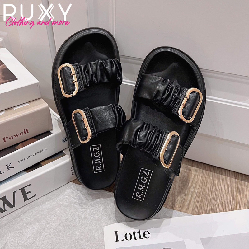 Dép Nữ Da 2 Quai Dúm Đai Cài Sắt Đế Cao Su 3cm Ruxy Đen_Trắng  G61109-7