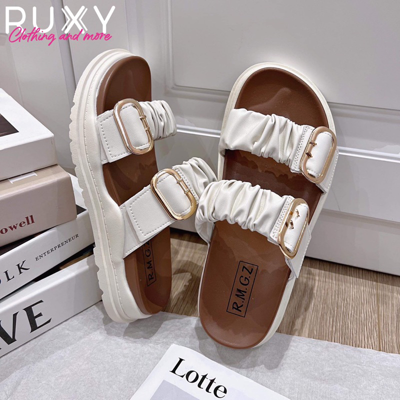 Dép Nữ Da 2 Quai Dúm Đai Cài Sắt Đế Cao Su 3cm Ruxy Đen_Trắng  G61109-7