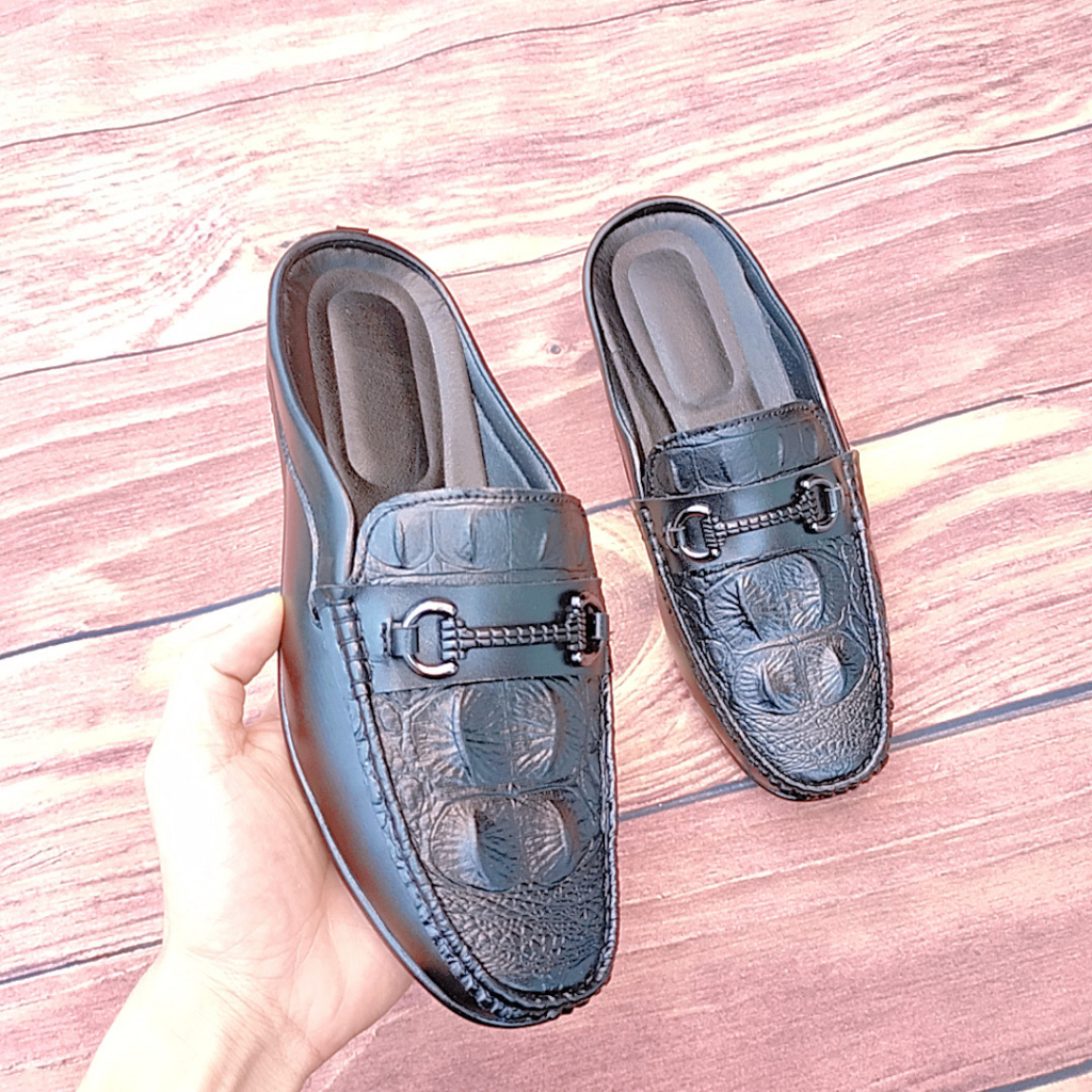 Giày sục NT Fashion Sandes da thật đế cao su khâu viền khâu đế sục da nam màu đen dập vân cá sấu 4 gù full size 38-43