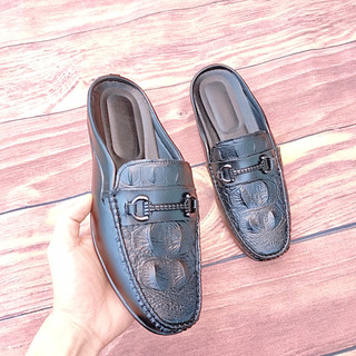 Giày sục NT Fashion Sandes da thật đế cao su khâu viền khâu đế sục da nam màu đen dập vân cá sấu 4 gù full size 38-43