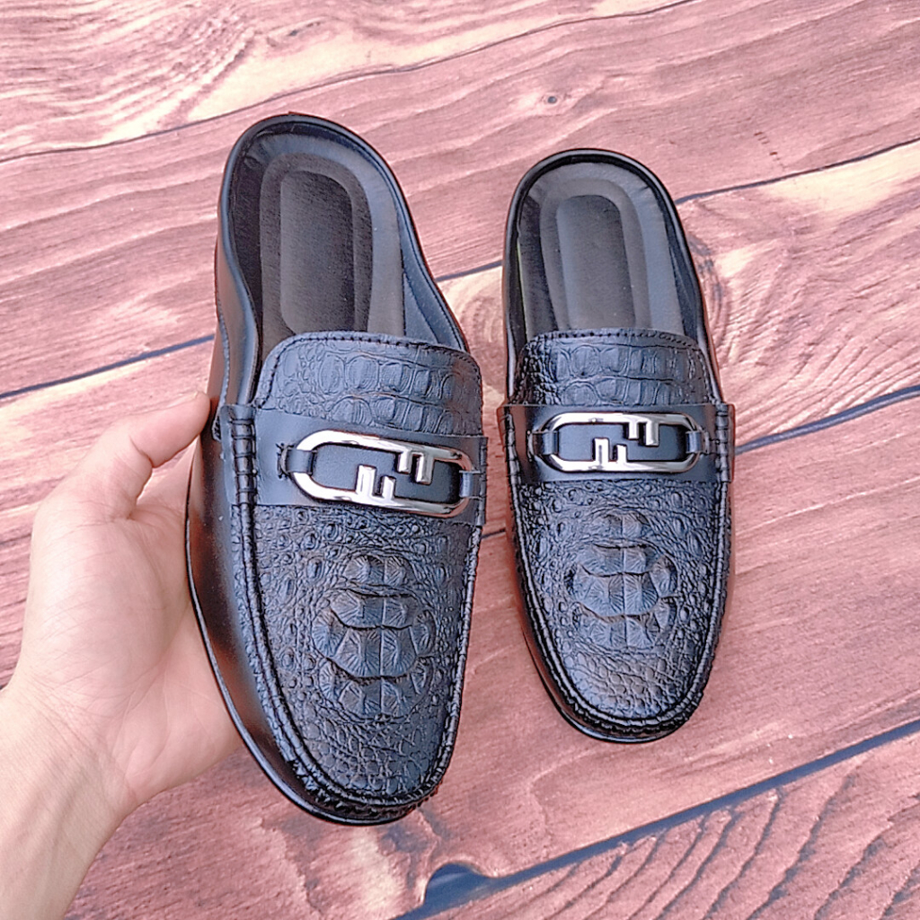 Giày sục NT Fashion Sandes da thật đế cao su khâu viền khâu đế sục da nam màu đen dập vân bụng cá sấu full size 38-43