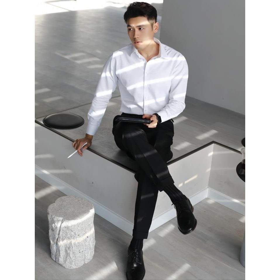 Áo Sơ Mi MANGO giấu cúc công sở cotton mịn chống nhăn dày dặn thoàng mát