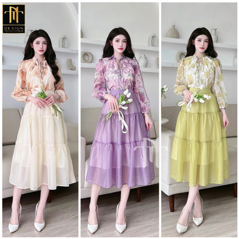 Set đầm áo hoa tơ mix chân váy màu 3 tầng. Lên dáng mềm mại xinh lắm ạ Size sml Be- tím- cốm