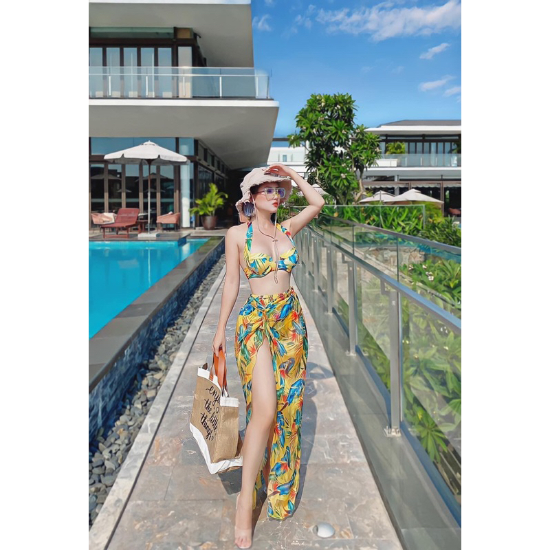 Set bikini đồ bơi 3 món hot trend hoa vàng kèm khăn quyến rũ