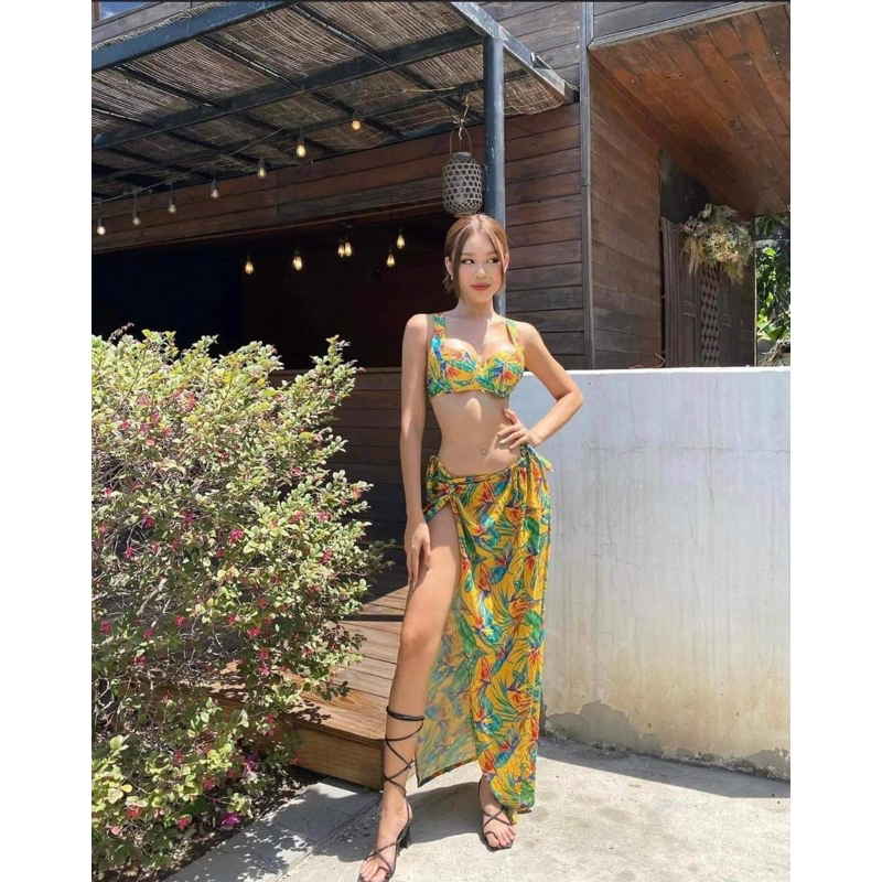 Set bikini đồ bơi 3 món hot trend hoa vàng kèm khăn quyến rũ