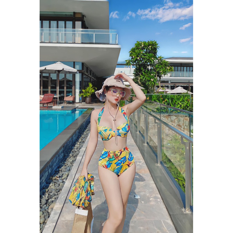 Set bikini đồ bơi 3 món hot trend hoa vàng kèm khăn quyến rũ