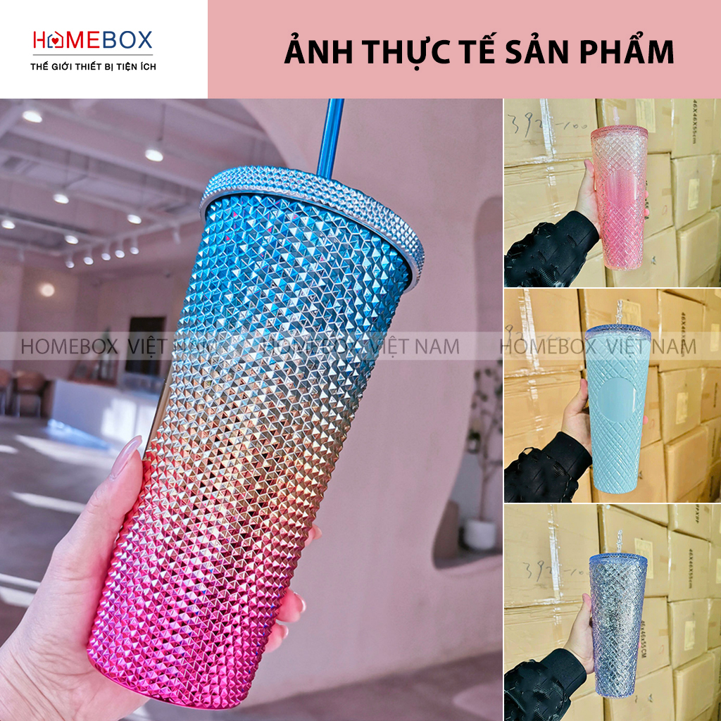 Bình đựng nước Kim Cương nhựa 2 lớp cao cấp, Ly cốc đựng nước đính đá có ống hút chất liệu PP cách nhiệt 2-3h