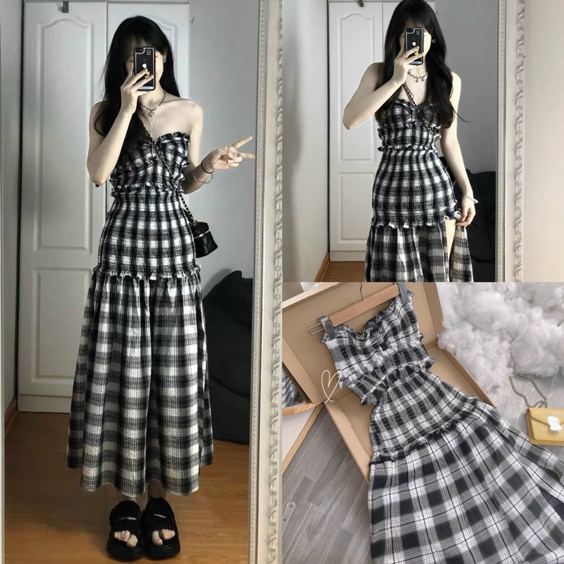 ĐẦM MIDI ỐNG CARO ĐEN BO CHUN
