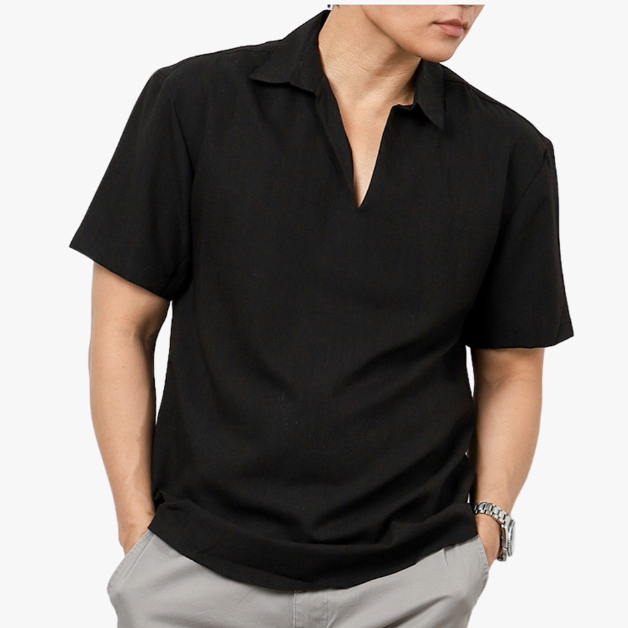 Áo linen nam có cổ tay ngắn trơn form regular, vải linen nhẹ, thấm hút cực tốt, thân thiện môi trường BLV02B0289