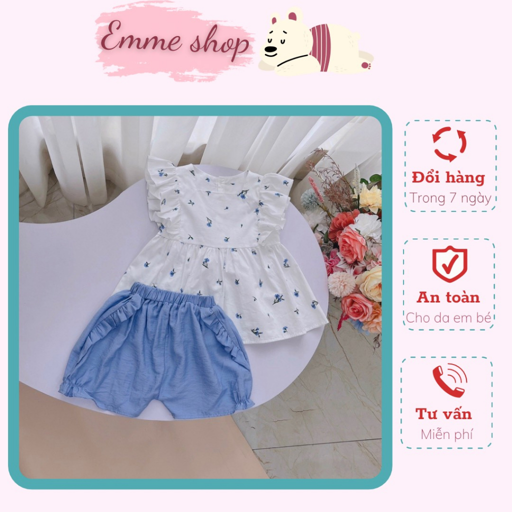 Set áo quần đi học, ở nhà cho bé gái, set áo hoa quần xanh xinh xắn
