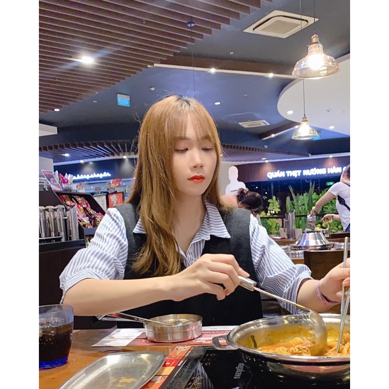 Pass set sơ mi sọc + áo gilet len đen thanh lý