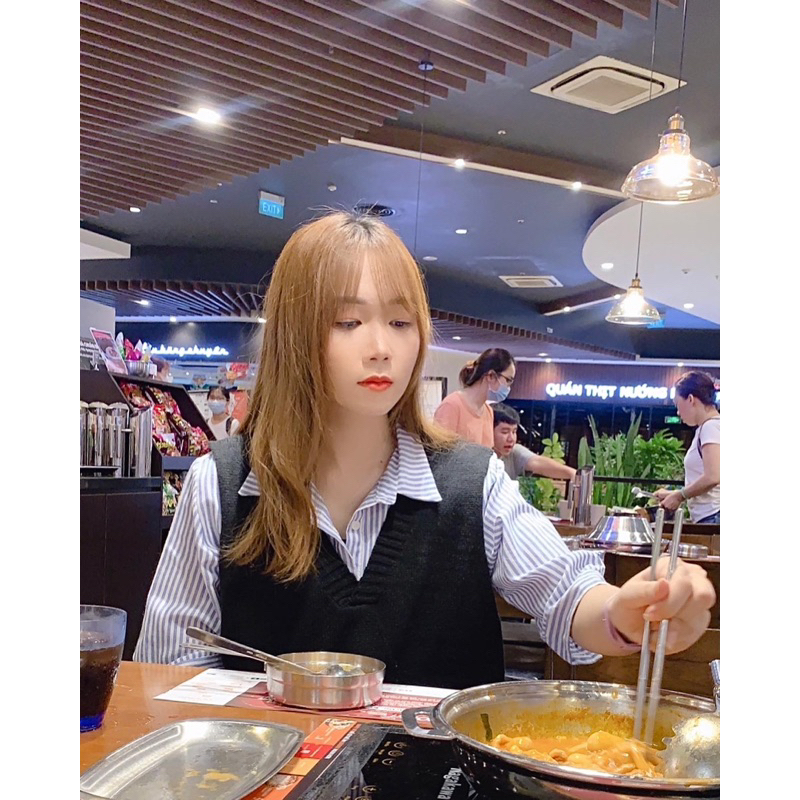 Pass set sơ mi sọc + áo gilet len đen thanh lý