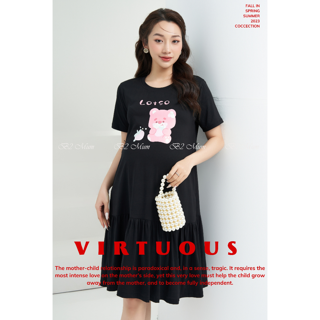 Váy bầu thiết kế chất cotton co giãn 4 chiều thấm hút mô hôi cử động thoải mái có cúc chỉnh eo có túi V707 B2 MUM