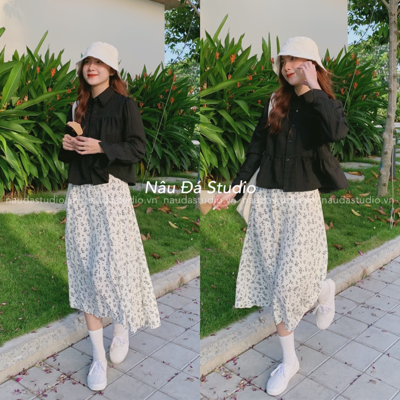 CHÂN VÁY HOA CHẤT LIỆU VOAN XỐP HÀN QUỐC  - NÂU ĐÁ STUDIO.