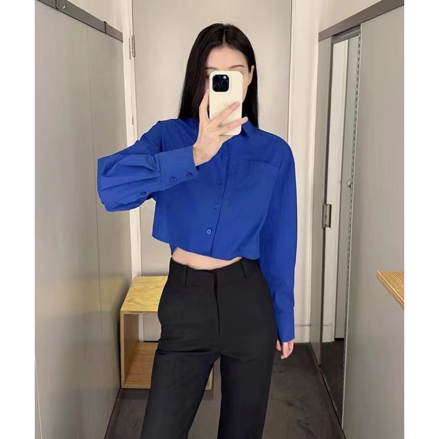 Áo sơ mi crotop nữ tay dài form rộng cổ bẻ trẻ trung năng động sexy với chất lụa mềm mịn mặc mát ít nhăn-MUTD01