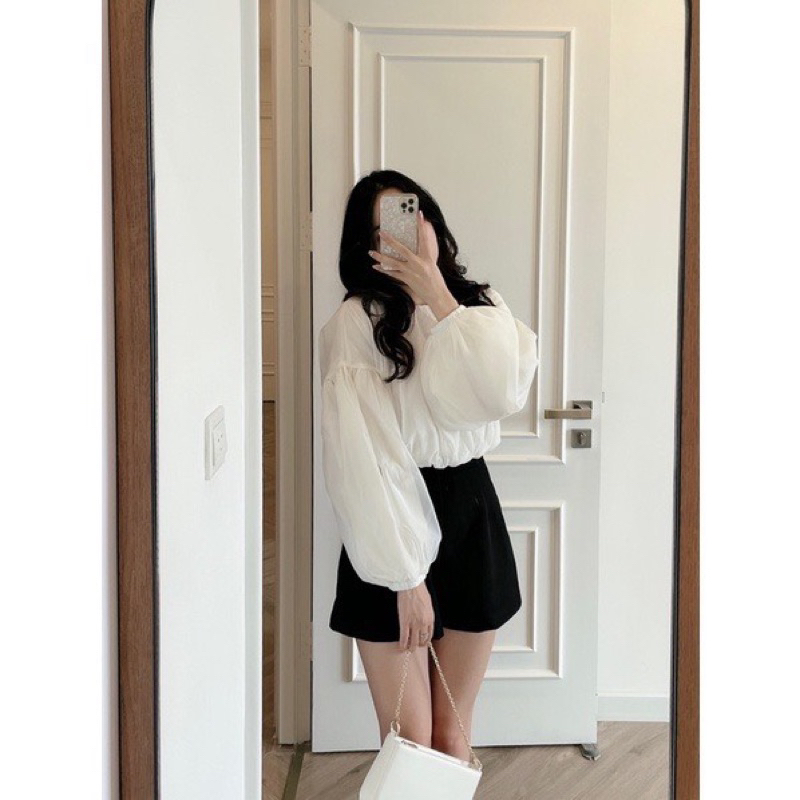 Set Áo croptop bo gấu tay bồng kèm quần short đen cạp cao