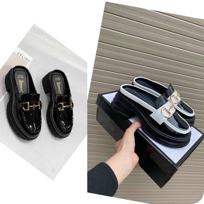 Giày sục da bóng quai sích 5 phân mũi tròn đế cao su êm xịn