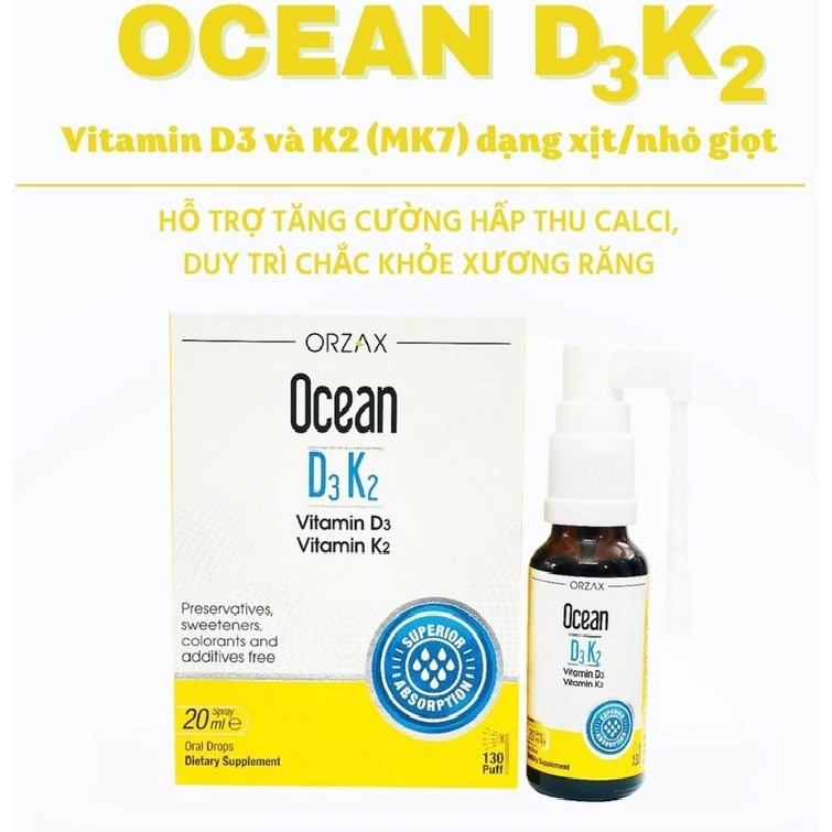 Ocean D3K2 ORZAX dạng xịt bổ sung vitamin D3 K2 - hỗ trợ phát triển chiều cao và chắc xương cho trẻ sơ sinh và trẻ nhỏ