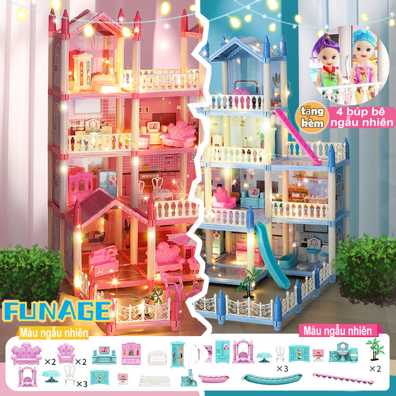 Biệt thự lắp ráp lâu đài công chúa-Nhà búp bê cỡ lớn dollhouse cho bé gái,Đồ chơi DIY màu hồng xanh quà tặng sinh nhật