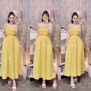 Đầm 2 dây vàng nhún