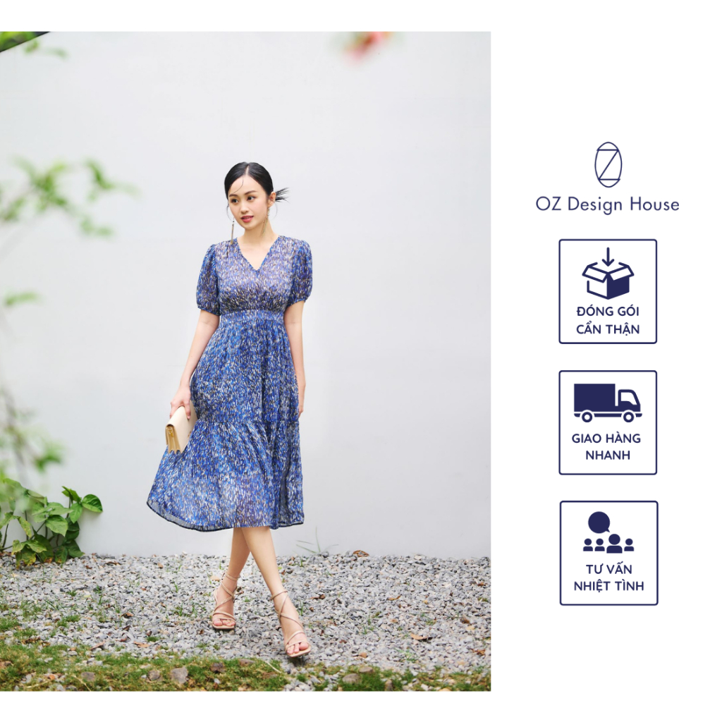 Đầm nữ OZ Design House DA05403RST23 voan lụa cổ tim tay lỡ thắt đai eo màu xanh trắng