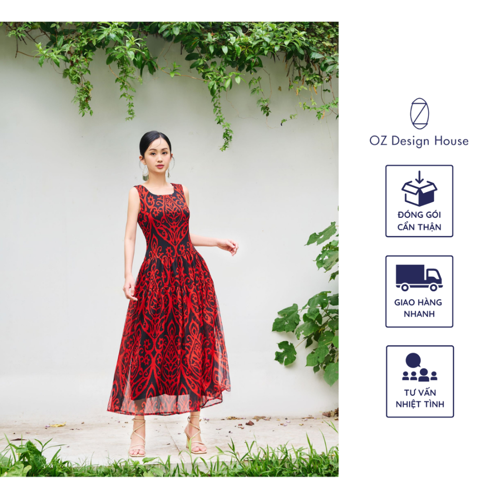Đầm nữ OZ Design House DA36402RST23 voan lụa cổ U dáng suông họa tiết đen đỏ