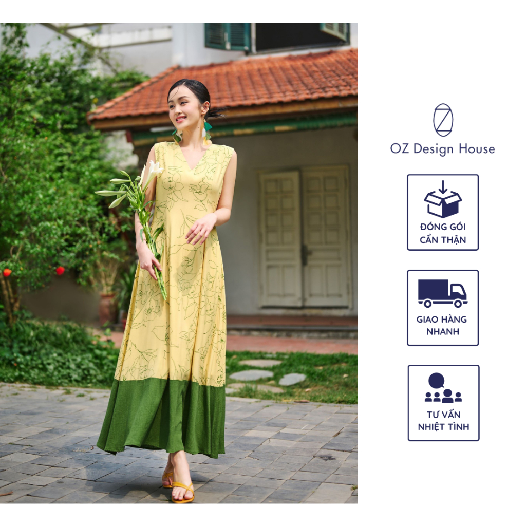 Đầm nữ OZ Design House DA05356RST23 lanh tơ cổ tim bèo phối tùng dưới màu vàng in hoa