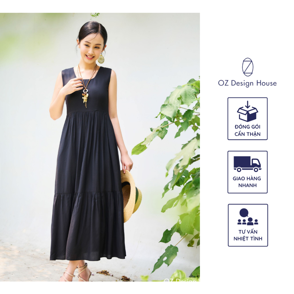 Đầm maxi OZ Design House DA06387RST23 thô lụa hai lớp cổ tròn U màu đen