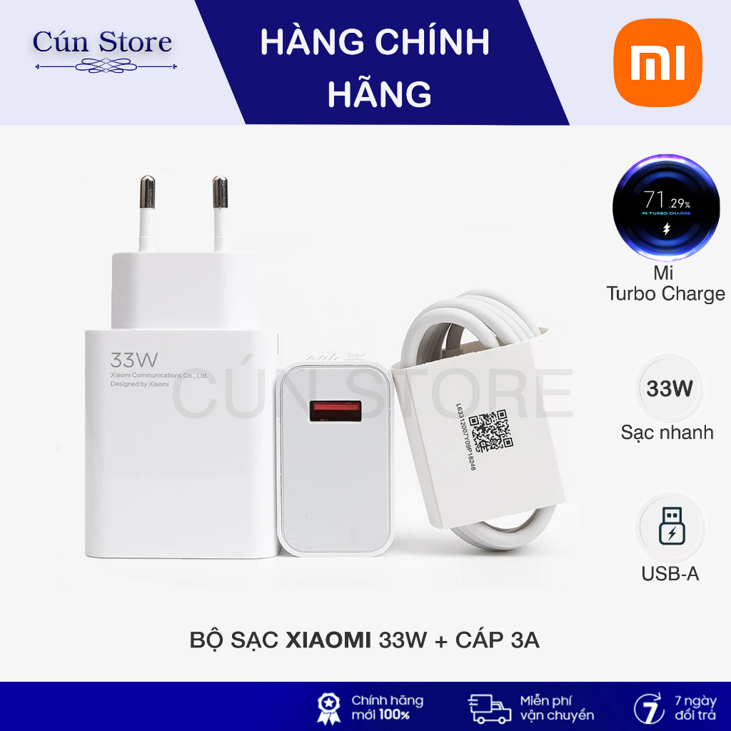 Bộ sạc Xiaomi 33W công nghệ Turbo sạc các dòng xiaomi cực nhanh, hàng mới chuẩn chính hãng | Bảo hành 12 tháng