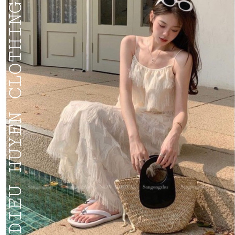 Váy Maxi Dài Lông Vũ Hai Dây Xinh Xắn Tiểu Thư Thích Hợp Du Lịch Mùa Hè Retro Vintage Taobao