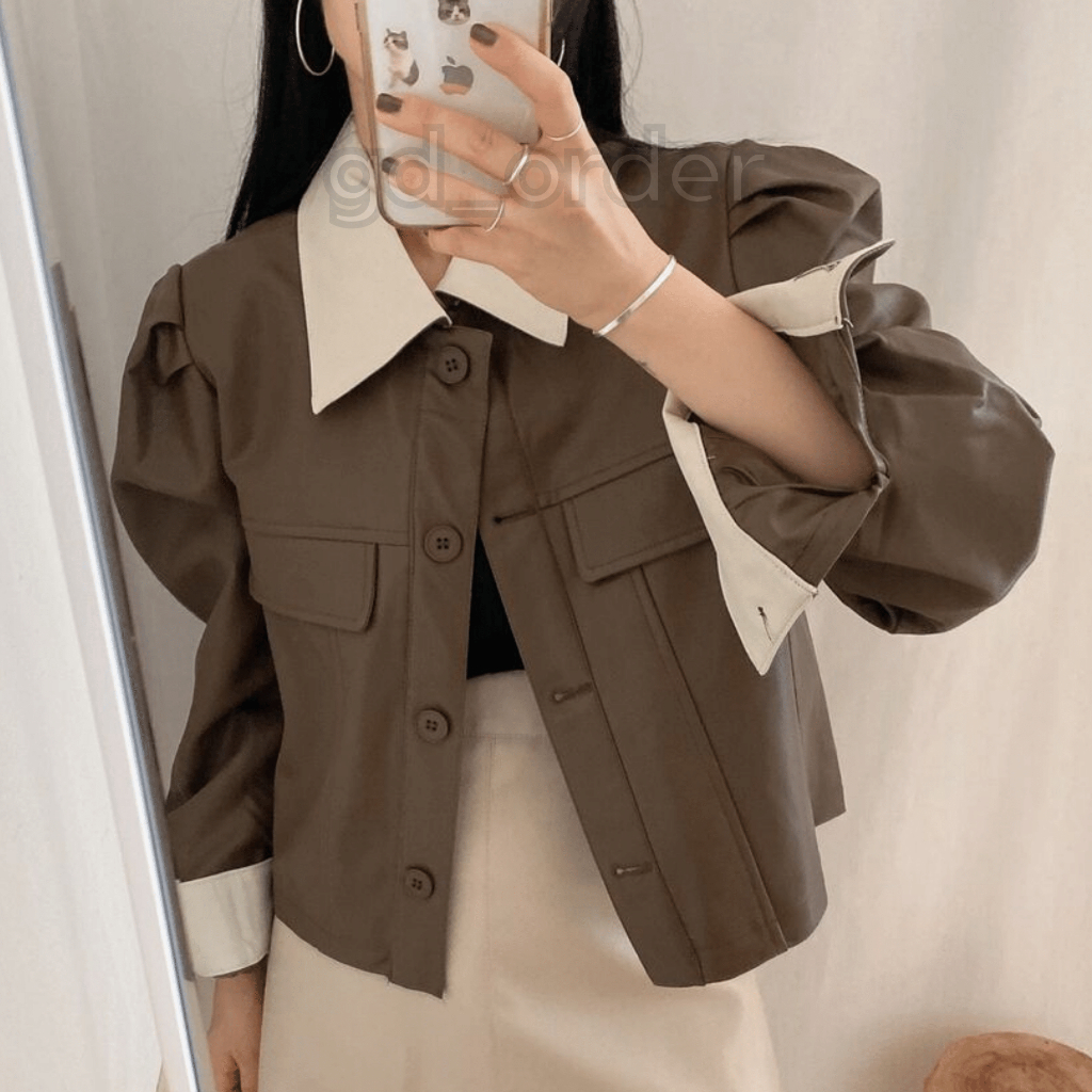 K81|áo khoác da PU croptop nữ dài tay hàn quốc retro cài nút đơn giản đi học, đi chơi gd_order