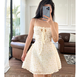 Đầm hoa vàng xốp nổi chun lưng