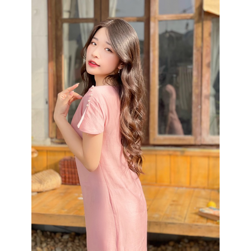 Váy thiết kế cao cấp MAYY FASHION tơ hồng thêu hoa Hồng Hoa