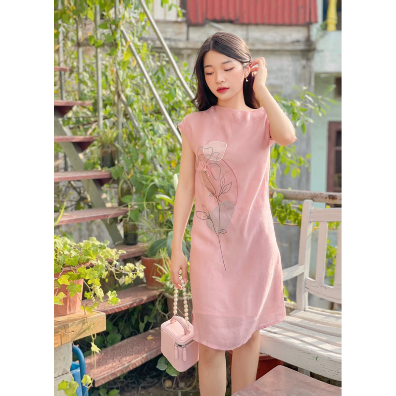 Váy thiết kế cao cấp MAYY FASHION tơ hồng thêu hoa Hồng Hoa