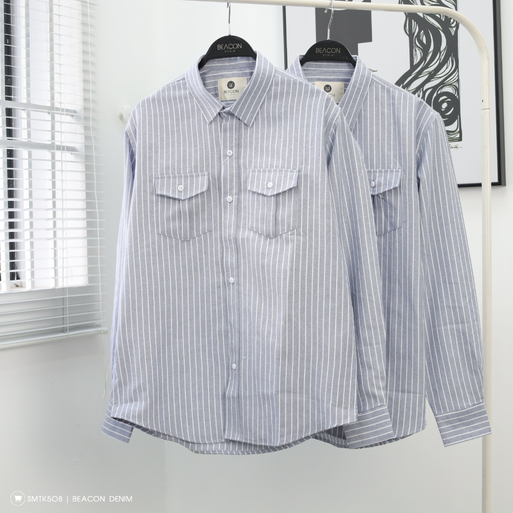 Áo Sơ Mi Thiết Kế BEACON DENIM Mẫu Sọc Chất Cotton Khô 2 Màu Basic Mã SMTK508 Hai Túi Hộp Thanh Lịch