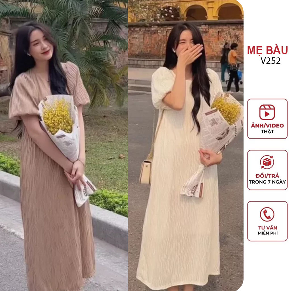 ĐẦM VÁY BẦU CÔNG SỞ MÙA HÈ ĐŨI NHĂN SÓNG GÂN CỔ TRÒN TAY BỒNG DÁNG SUÔNG DÀI MAXI - VÁY BẦU ĐẸP BIGSIZE