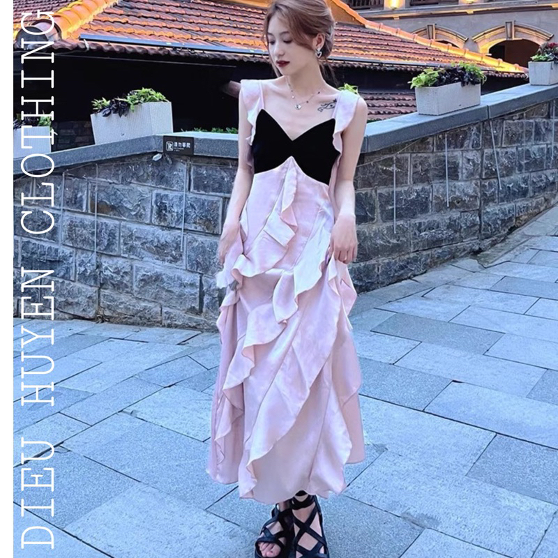 Đầm Hai Dây Dáng Hẹp Eo Cao Thiết Kế Nghệ Thuật Phong Cách Pháp Màu Đen / Hồng Cá Tính Retro Vintage Taobao