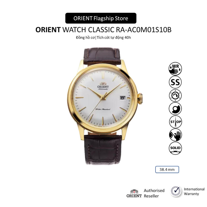 Đồng hồ cơ nam Orient Watch Classic RA-AC0M01S10B mặt đáy lộ cơ kính cường lực dây da đeo tay cao cấp chính hãng
