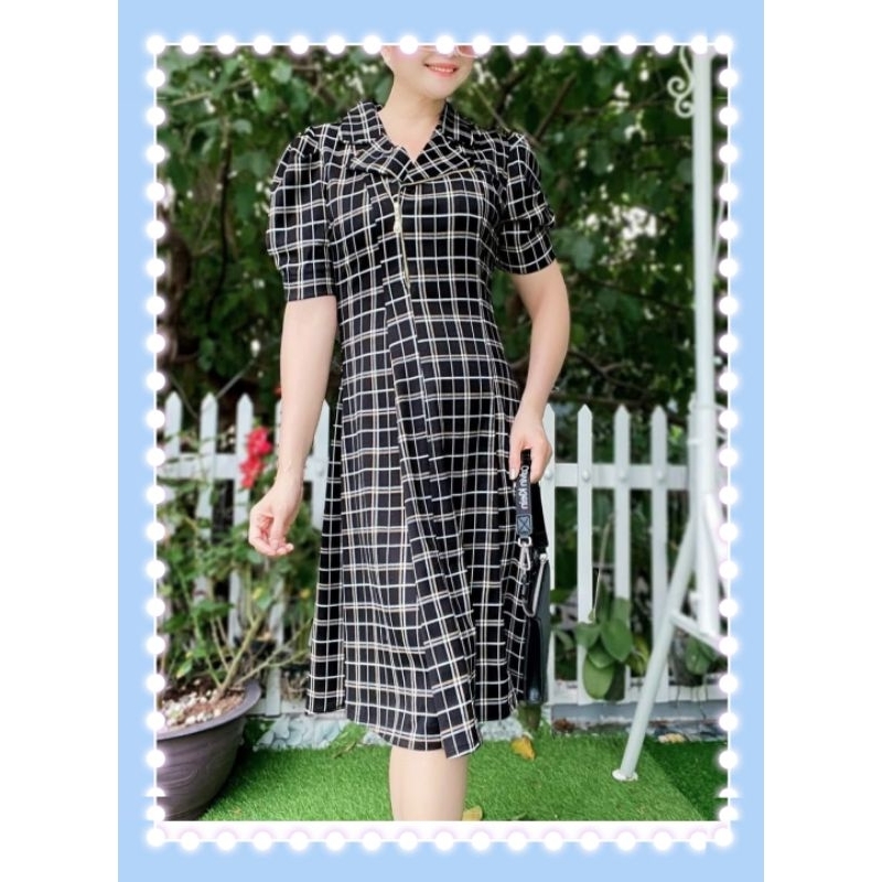 Đầm dự tiệc trung niên caro 8 mảnh cổ bẻ dây kéo trẻ trung dạo phố, Đầm trung niên dạo phố caro 8 mảnh cá tính trẻ trung