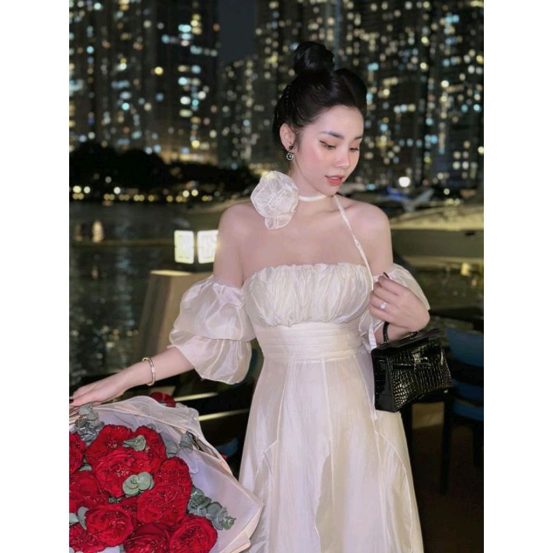 Váy maxi cúp ngực tay bồng tơ nhăn bánh bèo kèm hoa