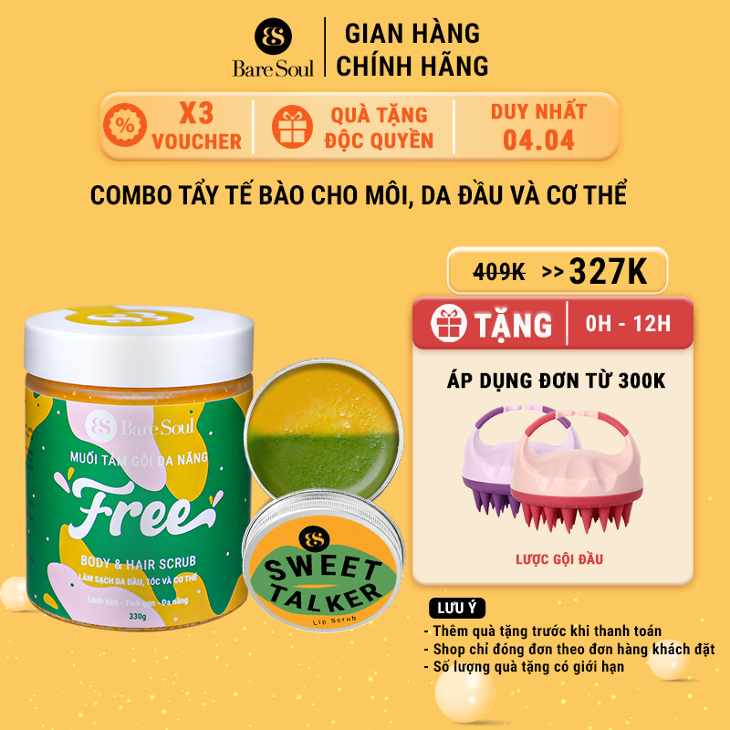 Bộ đôi tẩy tế bào chết cho môi, da dầu và cơ thể Free Body& hair scrub 330g+ lip scrub  Sweet Talker 20g