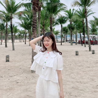 Áo babydoll cổ sen , Áo babydoll tay ngắn bèo tầng cúc hoa siêu xinh